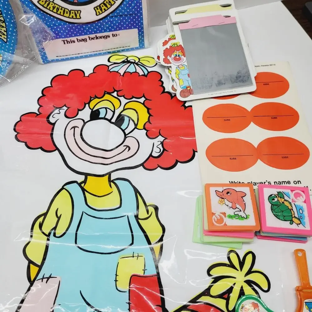 Vtg Circus Clown Carrousel Party Supplies Favors Invitations Loot Bags Games NOS